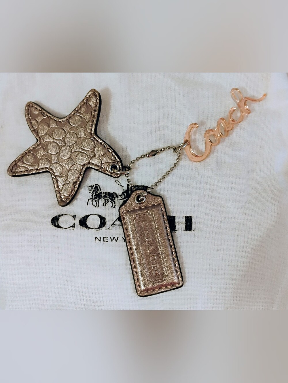 3FER Coach Bag Charms - Brushed Pewter/Gold Star, Hang Tag, Coach Script